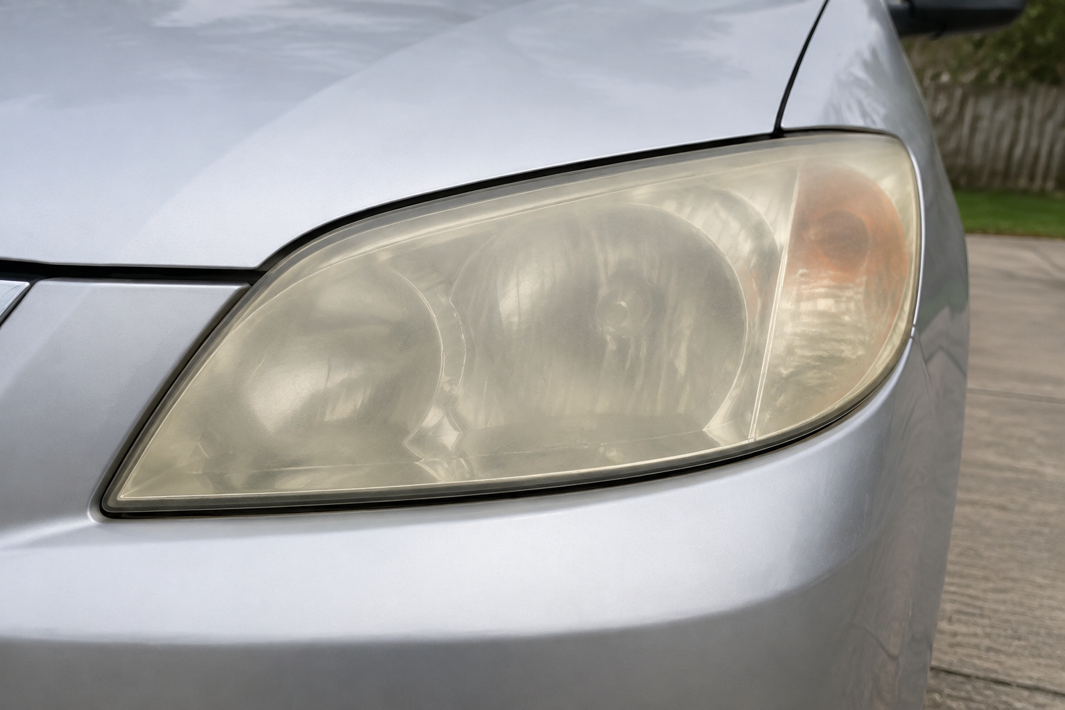 Cloudy, yellowed headlight before restoration
