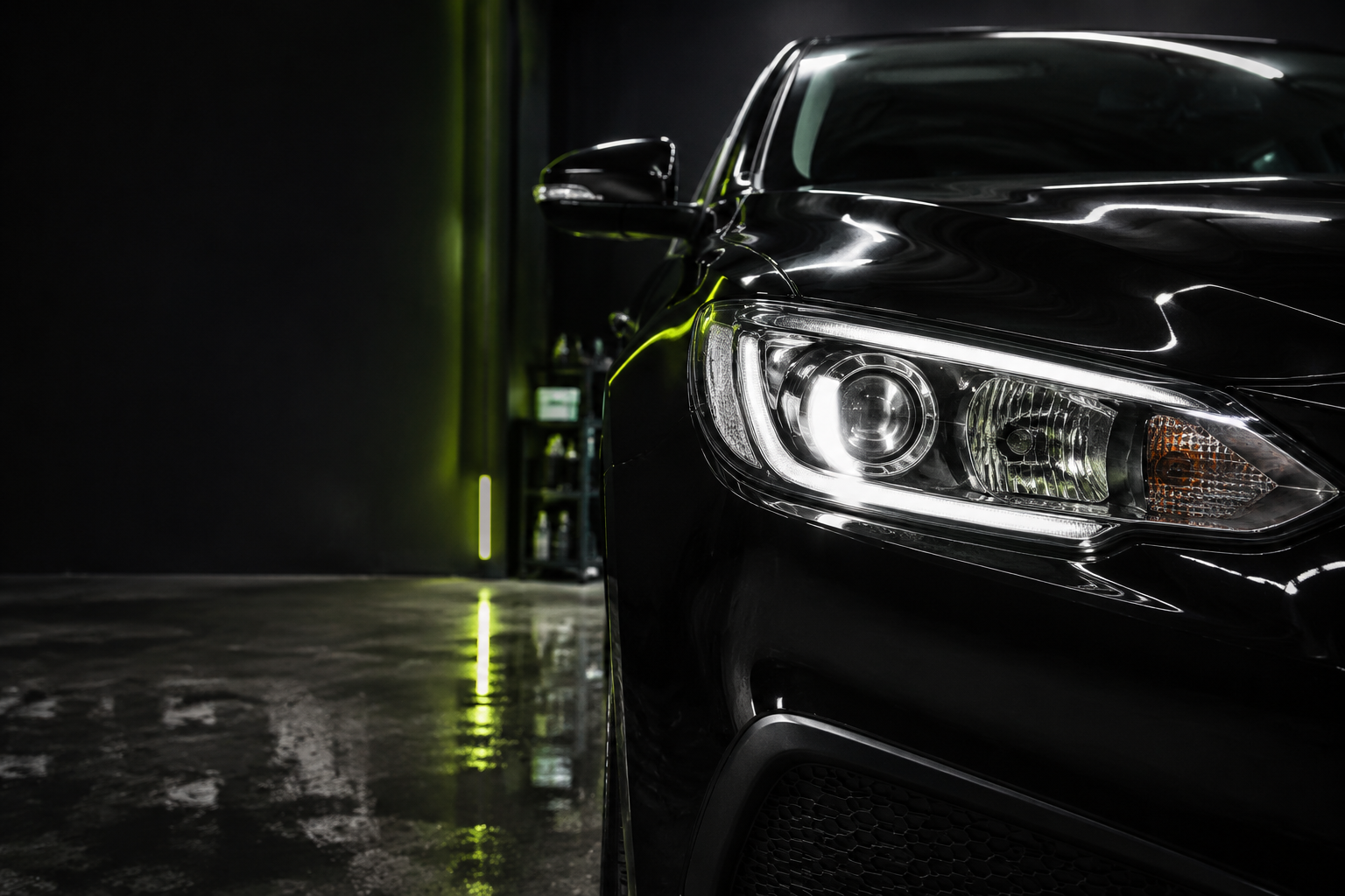 A restored crystal-clear headlight on a polished black car